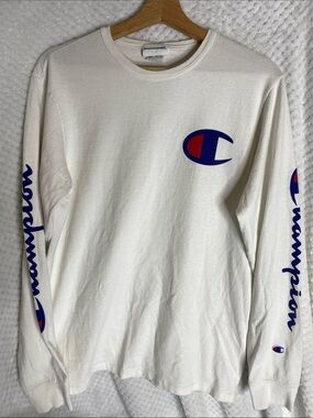 Vintage Champion White Long Sleeve Tee with Blue and Red Logo
